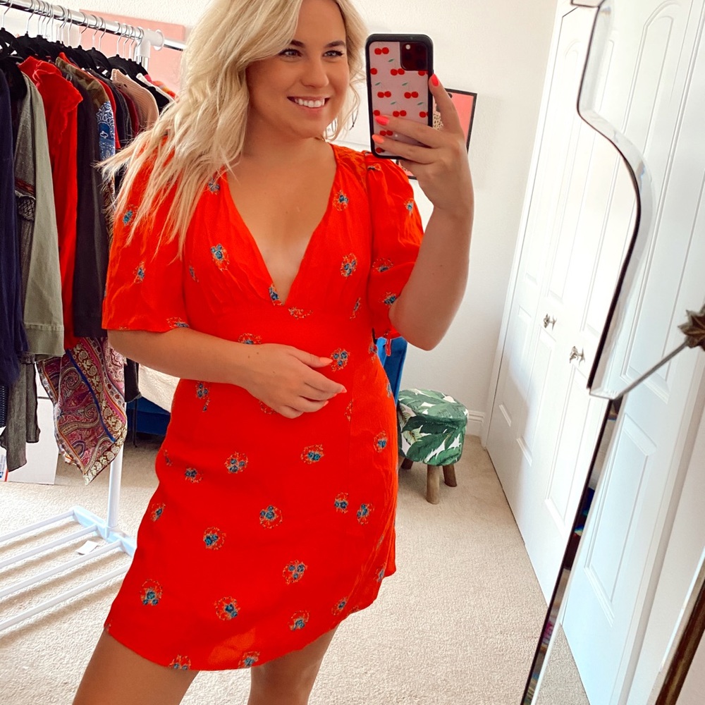 Free people red floral open back mini dress